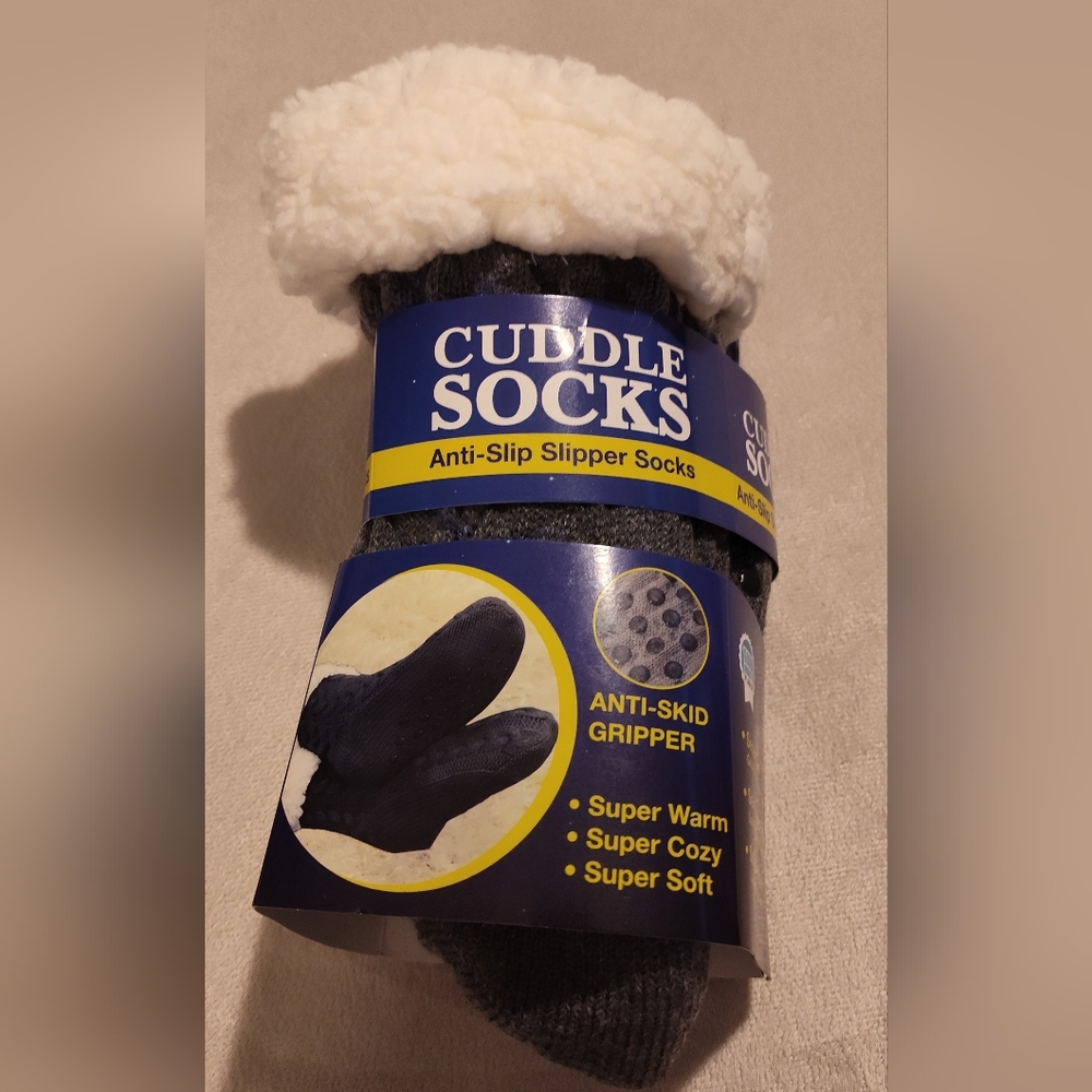 Women’s Anti-Slip Slipper Socks — Gray with Cream Cuff